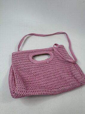 Pink Woven Straw Shoulder Bag With Cut-Out Handles & Crossbody Strap